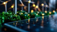 Solar panel with decorative string lights and green plants at dusk creates sustainable energy atmosphere with bokeh effect and shallow depth of field.
