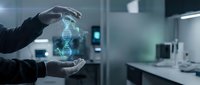 Scientist hands protecting holographic DNA double helix in modern laboratory representing genetic research, biotechnology innovation and medical science advancement.