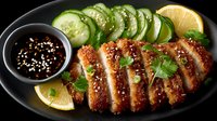 Crispy breaded chicken cutlet sliced on black plate with cucumber, lemon wedges, soy dipping sauce, and sesame seeds garnished with fresh cilantro.