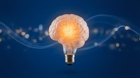 Creative brain lightbulb concept with glowing neural networks on blue background representing innovation, intelligence and bright ideas for business.