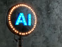Glowing blue AI neon sign surrounded by warm decorative lights on circular metal frame against dark textured wall, modern technology concept.