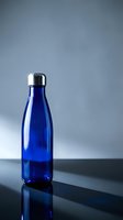 Blue stainless steel water bottle with silver cap on reflective surface against gray background for hydration and fitness lifestyle.