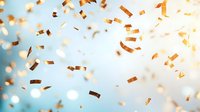 Confetti pieces in shades of gold and bronze fall against a soft blue and white background, creating a festive celebration atmosphere suitable for event promotions.
