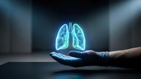 Glowing blue lungs hologram floating above open palm in dark medical environment for healthcare technology and respiratory system concepts.