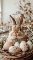 Adorable brown rabbit sitting in wicker basket with speckled Easter eggs surrounded by delicate white flowers in soft natural lighting for spring holiday.