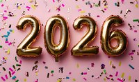 Gold foil balloons forming number 2026 on pink background with scattered colorful confetti creating festive new year celebration atmosphere.