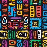 Vibrant tribal pattern with colorful geometric shapes, faces and symbols on black background creates playful ethnic seamless design for fabric and wallpaper.