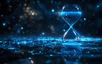 Glowing digital hourglass with flowing blue particles against dark background, symbolizing time management and technological advancement in business concept.