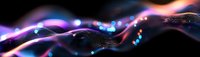 Glowing neon waves with particles flow on dark background, abstract digital network visualization with blue and pink light effects.