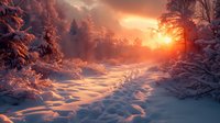 Dramatic winter sunset illuminates snowy forest path with golden light casting long shadows across pristine snow-covered ground while snow-laden branches frame magical scene.