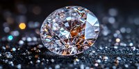 Sparkling round cut diamond on dark glittering surface with bokeh lights in background, showcasing luxury jewelry craftsmanship and precious stone brilliance.