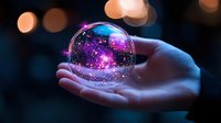 Magical glowing crystal ball with galaxy and stars floating in palm against dark background with bokeh lights, mystical fortune telling concept.