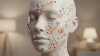 Cracked mannequin head with colorful floral pattern revealing inner fragility and beauty through broken surface in warm interior setting.