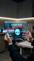 Hands holding transparent tablet displaying cyber risk alert with glowing neon warning symbols and skull icon in modern office environment for cybersecurity threat awareness.
