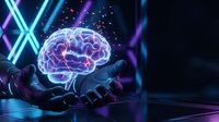 Glowing neon brain held in robotic hands against dark background with purple and cyan light effects for technology and artificial intelligence concepts.