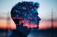 Double exposure silhouette of young man profile merged with starry night sky and industrial landscape at sunset, representing mind and imagination.