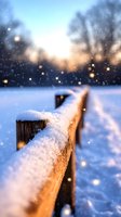 Snow-covered wooden fence at sunset with falling snowflakes creating magical winter atmosphere. Soft bokeh lights and blurred forest background add dreamy mood to rural scene.