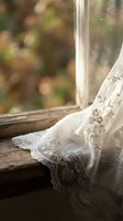Delicate white lace curtain with floral embroidery flowing through rustic wooden window frame with soft natural light and blurred autumn background.