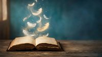 Open book with glowing feathers floating above pages creating magical storytelling atmosphere on wooden table against blue background for fantasy literature concepts.