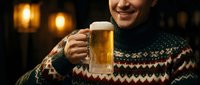 Man in cozy knit sweater holding golden beer mug indoors with warm lantern lighting, perfect for beverage, holiday, and lifestyle marketing campaigns.