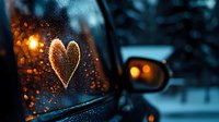 Heart shape drawn on foggy car window with warm bokeh lights creating romantic winter evening atmosphere for Valentine's Day celebrations.