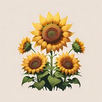 Vibrant yellow sunflowers arrangement with green leaves on beige background, botanical illustration style composition suitable for nature-themed designs and floral artwork.