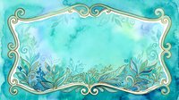 Turquoise watercolor background with ornate gold scrollwork frame and botanical foliage elements, suitable for invitations, cards, and decorative design projects.