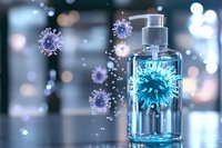 Hand sanitizer bottle with glowing blue coronavirus cell structure, surrounded by floating purple virus particles against blurred bokeh background with water droplets.
