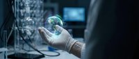 Scientist in white gloves holding glowing globe in laboratory with circuit board and computer monitor, representing global technology, innovation, and digital transformation research.