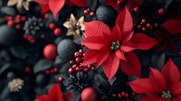 Vibrant red poinsettia flowers with black and gold accents create dramatic holiday composition against dark background, featuring berries and ornate decorations.