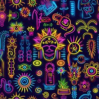 Vibrant neon tribal pattern with ancient symbols, mystical elements and colorful glowing shapes on dark background. Perfect for fabric prints, wallpaper design and modern ethnic decor.