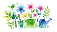 Watercolor gardening tools and flowers set with watering can, shovel, rake and colorful blooms for spring garden design projects.