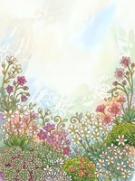 Watercolor floral garden with pink and white wildflowers, succulents, and soft pastel background, perfect for greeting cards and prints.