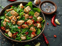 Fresh Asian-style chicken salad with baby spinach, chili peppers and sesame seeds served in ceramic bowl. Healthy protein-rich meal with soy sauce dressing perfect for clean eating and meal prep.