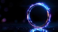 Glowing neon circle with blue and purple light effects on dark background, magical portal ring with sparkles and energy particles for fantasy designs.