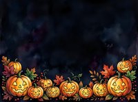 Carved jack-o-lantern pumpkins with autumn leaves arranged on dark moody background, suitable for seasonal marketing, Halloween invitations, and fall event designs.