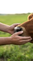 Farmer's hands gently touching brown cow's face in green pasture field. Livestock care, animal husbandry, and rural farming concept for agricultural industry use.