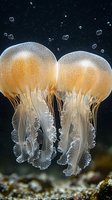Luminous jellyfish pair floating gracefully in dark waters, their translucent orange domes and delicate white tentacles creating ethereal underwater ballet against starry bubbles.