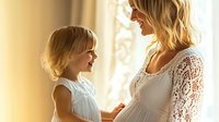 Tender moment between pregnant mother and young daughter near window in warm sunlight, both wearing white dresses, sharing loving smile and gentle touch.