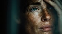 Close-up portrait of young woman with freckles and blue eyes in dramatic lighting, hand partially covering face, conveying vulnerability and introspection.