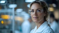 Confident female medical professional wearing glasses and white coat smiles warmly in hospital setting with soft bokeh background lighting. Professional healthcare portrait.