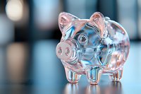 Clear glass piggy bank on blurred background with soft bokeh lights, symbolizing savings, financial planning and money management concepts.