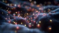 Abstract digital network with glowing particles and bokeh lights on dark textured surface for technology and data visualization backgrounds.