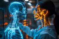 Female Asian medical professional examining holographic skull and spine projection in blue and orange colors against dark background with bokeh lights.