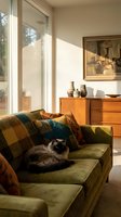 Relaxed cat lounging on green upholstered sofa with plaid throw pillows in sunlit mid-century modern living room featuring wooden dresser and framed artwork for home decor and lifestyle content.