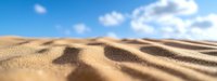 Golden sand dunes under blue sky with fluffy white clouds, creating a serene desert landscape with natural ripple patterns formed by wind.