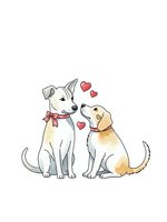 Two adorable dogs sitting together with red hearts floating above, showing love and friendship on white background for pet-themed designs.