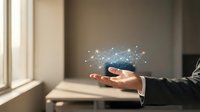 Businessman holding smartphone with glowing network connections and data visualization hologram floating above device in modern office environment.