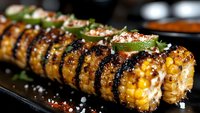 Grilled corn on black plate garnished with spicy mayo, sesame seeds and green onions, close up view of Mexican street food style elote preparation.