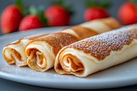 Fresh crepes rolled with sweet filling and dusted with powdered sugar on white plate, with red strawberries in background, macro food photography.